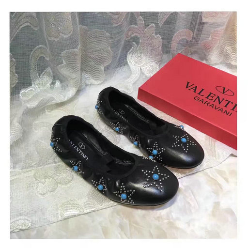 2017 Spring Valentino Rockstud Star Studded Ballet Ballerina Flats in Black Nappa Leather