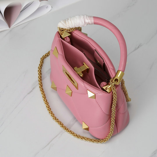 2021 Valentino Mini Roman Stud The Handle Bag in Flamingo Pink Nappa ...